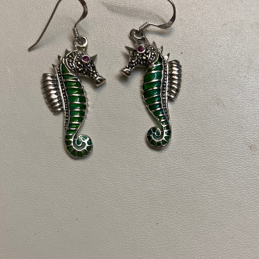 Sterling Silver Green Seahorse Red Ruby Marcasite Earrings